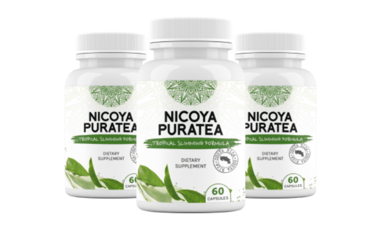 Nicoya PuraTea natural detox tea supplement bottle promoting weight loss and better sleep