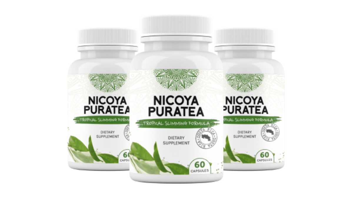 Nicoya PuraTea natural detox tea supplement bottle promoting weight loss and better sleep