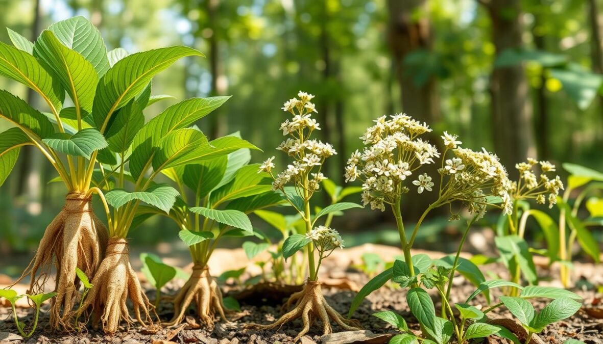 A detailed botanical illustration of Panax ginseng showcasing its morphology. In the foreground, display several ginseng plants with prominent, detailed roots and lush green leaves, highlighting the unique palmate leaf structure characteristic of the species. In the middle ground, include clusters of flowering stems bearing small, white to greenish flowers, emphasizing their arrangement in umbels. The background should feature a soft, blurred woodland setting that reflects the natural habitat of ginseng, with dappled sunlight filtering through the leaves, casting gentle shadows on the ground. Use a macro lens perspective to capture intricate details of the plant anatomy, evoking a serene and educational atmosphere resonating with nature's beauty. A detailed botanical illustration of Panax ginseng showcasing its morphology. In the foreground, display several ginseng plants with prominent, detailed roots and lush green leaves, highlighting the unique palmate leaf structure characteristic of the species. In the middle ground, include clusters of flowering stems bearing small, white to greenish flowers, emphasizing their arrangement in umbels. The background should feature a soft, blurred woodland setting that reflects the natural habitat of ginseng, with dappled sunlight filtering through the leaves, casting gentle shadows on the ground. Use a macro lens perspective to capture intricate details of the plant anatomy, evoking a serene and educational atmosphere resonating with nature's beauty.