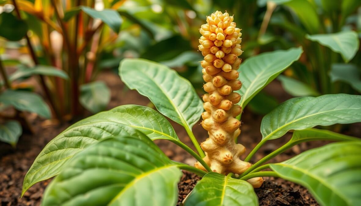 A detailed botanical illustration of a ginger plant, focusing on its distinctive features. In the foreground, showcase lush green leaves with prominent veins and a vibrant, flowering spike emerging from the center, displaying clusters of small, pale yellow blossoms. The middle ground features a rich, earthy soil with visible rhizomes revealing their unique, knobby structure. The background should be softly blurred with hints of tropical foliage, creating a serene environment. Illuminate the scene with soft, natural lighting that highlights the textures of the leaves and flowers, mimicking the conditions of a humid greenhouse. The atmosphere should feel educational and calm, inviting viewers to appreciate the beauty of this important culinary and medicinal plant. No text or markings should be included.