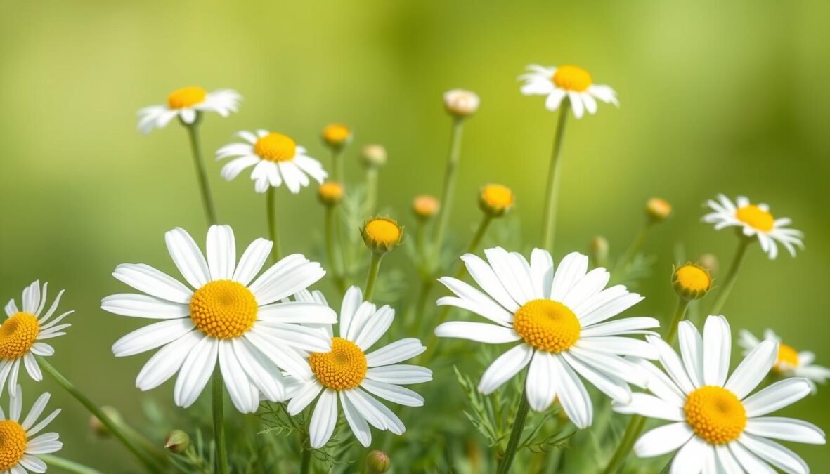 A detailed botanical illustration of chamomile morphology, showcasing its unique features. In the foreground, depict the delicate flowers with white petals and a yellow central disc, accurately representing their size and arrangement. Surround the blooms with finely detailed green feathery leaves, illustrating their distinct shape and texture. In the middle ground, include a variety of chamomile plants at different growth stages to show their growth habit, highlighting the overall structure and branching. The background should consist of soft, blurred green hues, simulating a natural habitat. Use soft, diffused lighting to enhance the colors and textures, capturing the tranquility of a serene garden setting. Aim for a neutral and educational aesthetic, with a focus on clarity and realism.
