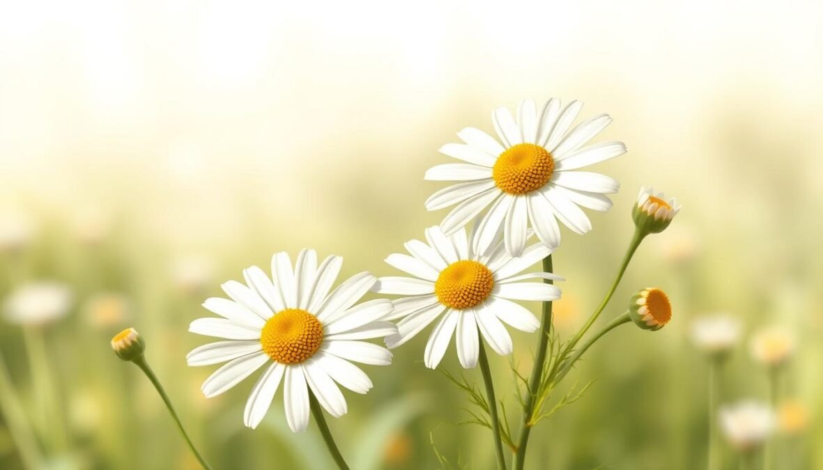 A detailed botanical illustration of chamomile, showcasing its delicate white petals and yellow disc florets prominently in the foreground. The leaves, finely divided and feathery, should be illustrated in a natural arrangement around the flowers, providing a lush green contrast. The middle ground includes a subtle gradient of soft, muted colors to enhance the focal point of the chamomile, while the background features a blurred natural setting, suggesting a meadow environment. Use soft, diffused lighting to capture the gentle texture of the petals and leaves, as if bathed in early morning light. The overall mood should be calm and serene, ideal for an educational botanical profile. Focus on realism, with intricate details emphasizing the unique characteristics of the chamomile plant.