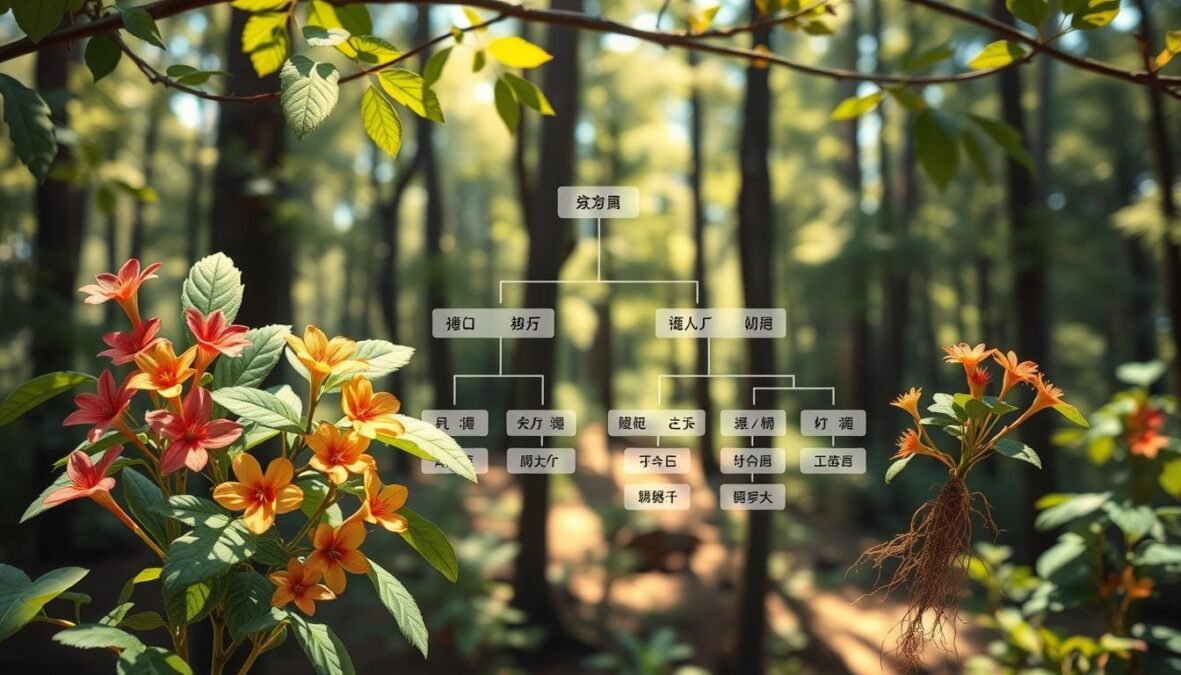 A detailed botanical illustration of ginseng taxonomy, featuring a structured layout to showcase its classification within the Plantae kingdom and Araliaceae family. In the foreground, depict various ginseng species, highlighting their leaves, flowers, and roots, rendered in vibrant, natural colors. The middle layer should include a simplified taxonomic tree diagram that illustrates the hierarchical placement of ginseng, with clear, distinguishable branches symbolizing classification categories. The background should be a soft-focus depiction of a serene forested environment, with dappled sunlight filtering through the trees, creating a calm, educational atmosphere. Use warm, natural lighting to enhance the vividness of the plants. The camera angle should be slightly overhead to capture both the specimens and the diagram effectively. A detailed botanical illustration of ginseng taxonomy, featuring a structured layout to showcase its classification within the Plantae kingdom and Araliaceae family. In the foreground, depict various ginseng species, highlighting their leaves, flowers, and roots, rendered in vibrant, natural colors. The middle layer should include a simplified taxonomic tree diagram that illustrates the hierarchical placement of ginseng, with clear, distinguishable branches symbolizing classification categories. The background should be a soft-focus depiction of a serene forested environment, with dappled sunlight filtering through the trees, creating a calm, educational atmosphere. Use warm, natural lighting to enhance the vividness of the plants. The camera angle should be slightly overhead to capture both the specimens and the diagram effectively.