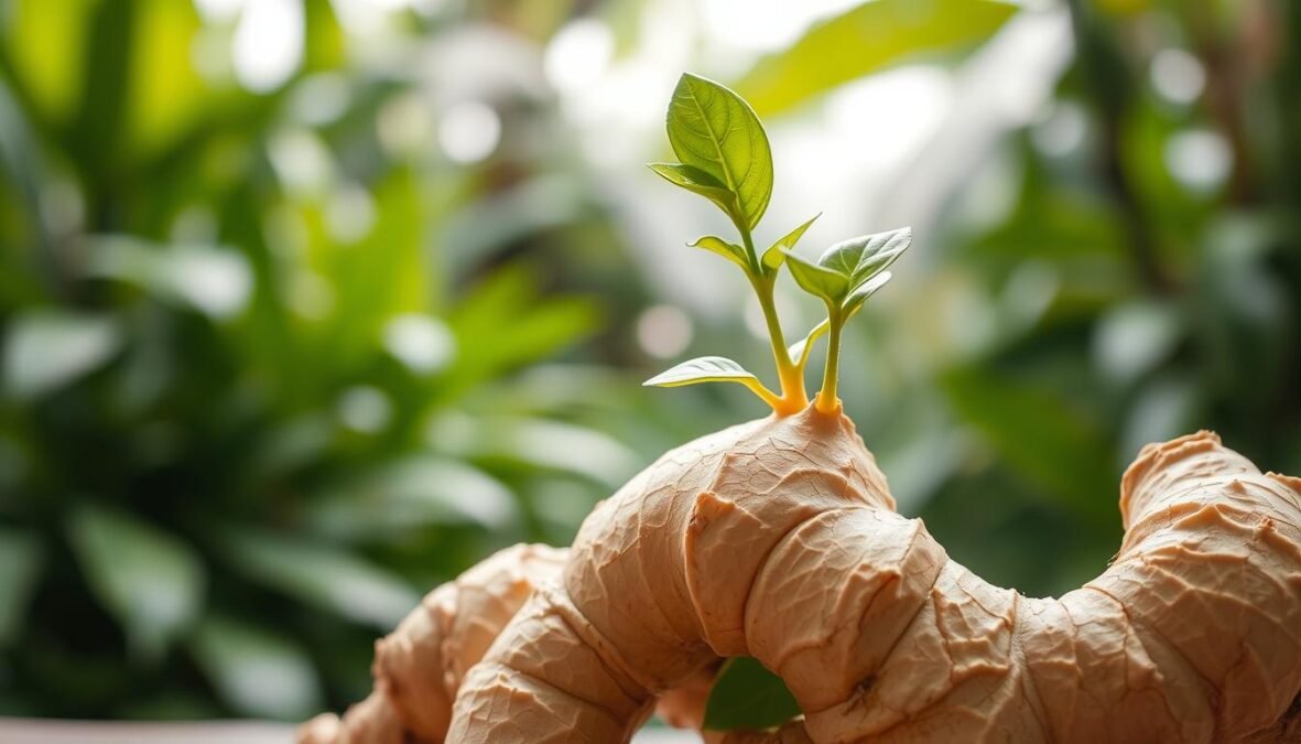 A detailed close-up of a fresh ginger root, showcasing its twisted, knobby rhizome with vibrant brown skin and a slightly fibrous texture. The ginger should be presented at the forefront, highlighting the intricate patterns and grooves, with a few small aerial shoots emerging, displaying lush green leaves in varying stages of growth. In the middle ground, a blurred background of lush foliage suggests a tropical setting. Soft, diffused natural lighting cascades over the subject, creating gentle shadows that enhance the three-dimensionality of the rhizome. The overall mood should convey an educational and botanical essence, focusing on the morphological details of ginger without any distractions.