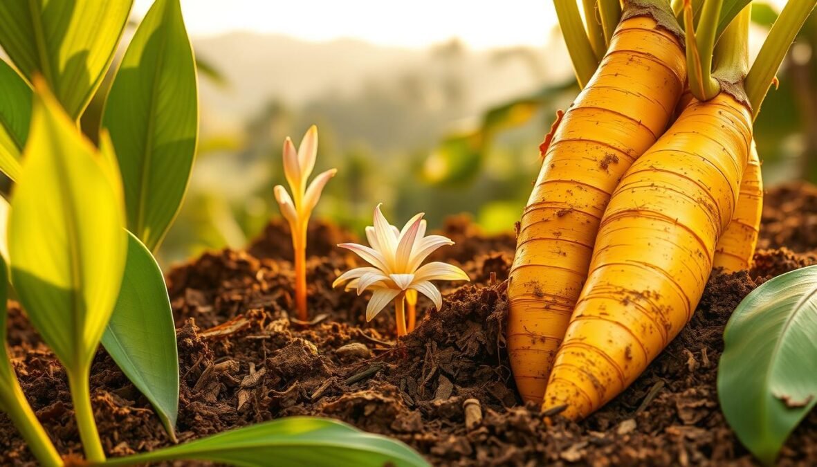 A detailed illustration of Curcuma longa, commonly known as turmeric, with vibrant golden-yellow rhizomes partially exposed in rich brown soil. In the foreground, large, lush green leaves showcase their distinctive elongated shape and pointed tips. The middle ground features a cluster of turmeric flowers emerging, displaying delicate white and purple petals with a slight hue of yellow at the tips. In the background, a softly blurred tropical landscape adds depth, hinting at the humid environment where turmeric thrives. The lighting is warm and natural, simulating the golden hour of sunlight, casting soft shadows and highlighting the textures of the leaves and soil. The overall atmosphere is educational, inviting viewers to appreciate the botanical beauty of this important species. A detailed illustration of Curcuma longa, commonly known as turmeric, with vibrant golden-yellow rhizomes partially exposed in rich brown soil. In the foreground, large, lush green leaves showcase their distinctive elongated shape and pointed tips. The middle ground features a cluster of turmeric flowers emerging, displaying delicate white and purple petals with a slight hue of yellow at the tips. In the background, a softly blurred tropical landscape adds depth, hinting at the humid environment where turmeric thrives. The lighting is warm and natural, simulating the golden hour of sunlight, casting soft shadows and highlighting the textures of the leaves and soil. The overall atmosphere is educational, inviting viewers to appreciate the botanical beauty of this important species.