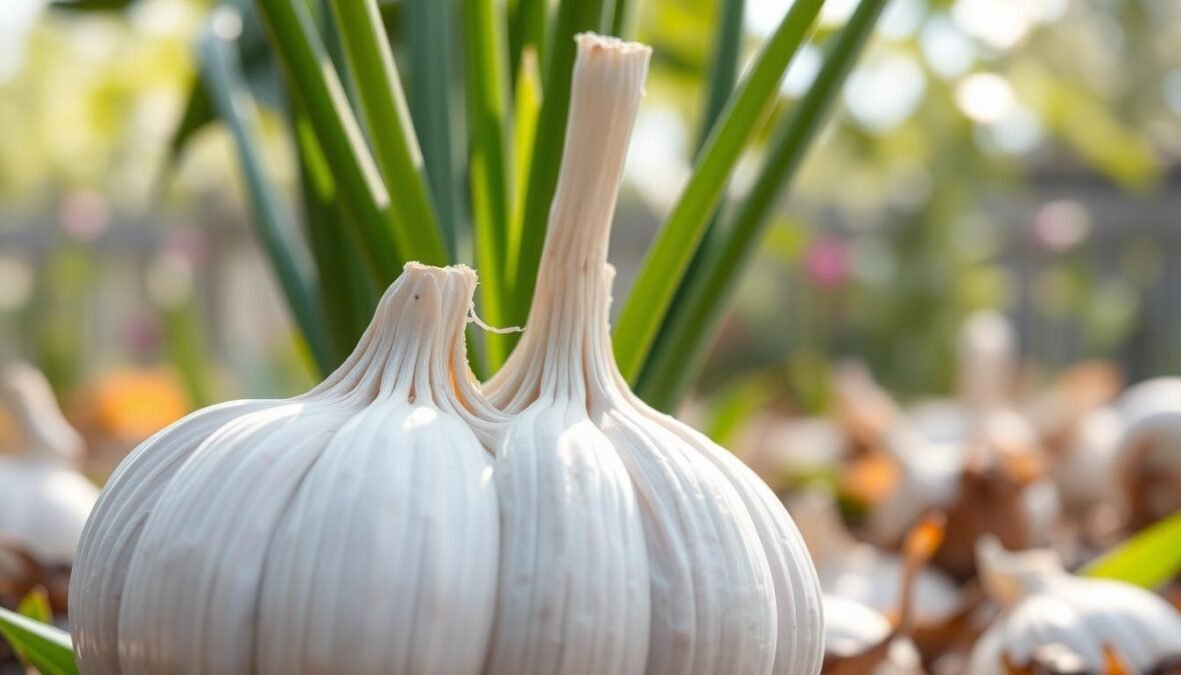 A detailed illustration of garlic (Allium sativum) in a neutral botanical style, showcasing its distinctive features. In the foreground, a close-up view of a fresh garlic bulb with papery white skin and several cloves partially exposed. In the middle ground, a cluster of vibrant green garlic leaves rises prominently, displaying their elongated, flat structure. In the background, a blurred natural setting of a garden with soft, dappled sunlight filtering through the leaves, creating a serene atmosphere. The lighting is natural and soft, with a focus on the textures of the garlic bulb and leaves, captured with a macro lens to highlight the details and provide an educational visual for taxonomic classification and nomenclature.