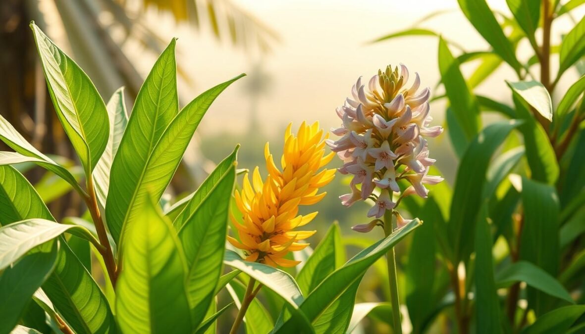 A detailed illustration of the turmeric plant (Curcuma longa), showcasing its morphological characteristics. In the foreground, depict vibrant green leaves with distinct elongated shapes and prominent veins, demonstrating the plant's lush foliage. In the middle ground, include clusters of turmeric flowers in soft yellow and lavender hues, delicately arranged, highlighting their unique structure. In the background, a soft, blurred representation of a tropical landscape, with a subtle gradient of natural colors that evoke a warm, sunlit atmosphere. Lighting should be bright and natural, with soft shadows to enhance depth. The perspective should be slightly elevated to capture the plant's height and fullness, creating an educational and serene botanical scene. A detailed illustration of the turmeric plant (Curcuma longa), showcasing its morphological characteristics. In the foreground, depict vibrant green leaves with distinct elongated shapes and prominent veins, demonstrating the plant's lush foliage. In the middle ground, include clusters of turmeric flowers in soft yellow and lavender hues, delicately arranged, highlighting their unique structure. In the background, a soft, blurred representation of a tropical landscape, with a subtle gradient of natural colors that evoke a warm, sunlit atmosphere. Lighting should be bright and natural, with soft shadows to enhance depth. The perspective should be slightly elevated to capture the plant's height and fullness, creating an educational and serene botanical scene.