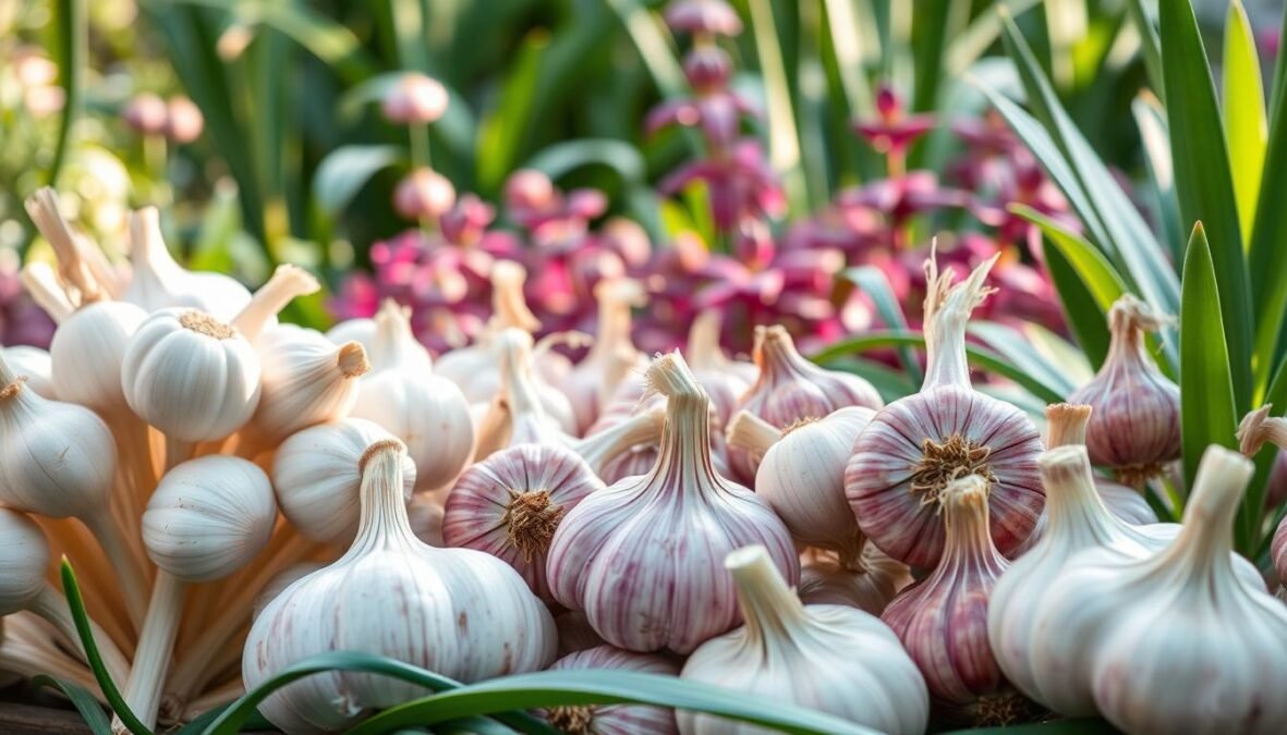 A vibrant, detailed representation of garlic diversity showcasing various subspecies and morphological differences. In the foreground, clusters of garlic bulbs in varying shapes, sizes, and colors, including white, purple, and pink varieties. The middle ground features garlic plants with distinct leaf shapes and growth patterns, highlighting their genetic variations. In the background, a softly blurred garden with rich, lush greenery underscores the natural habitat of garlic. Soft, natural lighting filters through, creating a warm and inviting atmosphere. Use a macro lens effect to emphasize the textures of the garlic skins and leaves, focusing on the exquisite details while maintaining a neutral botanical style. The mood should be educational and serene, suitable for an informative context.